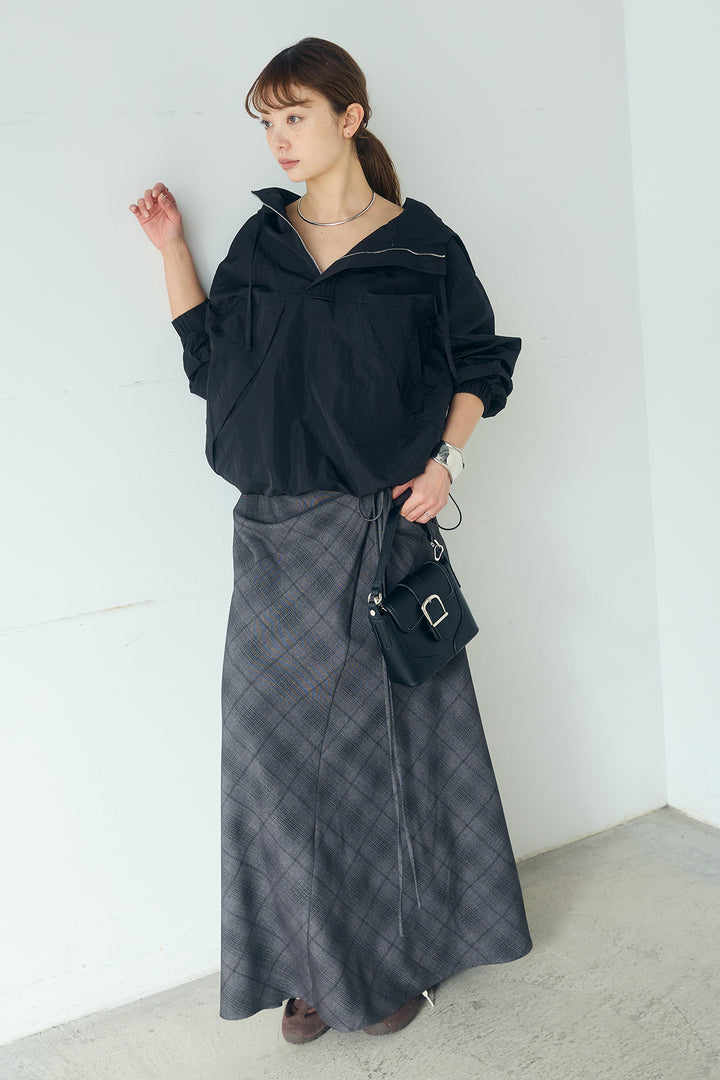 [SET]ナイロンフーディーブルゾンアウター+タータンチェック柄フロントデザインスカート(2set)