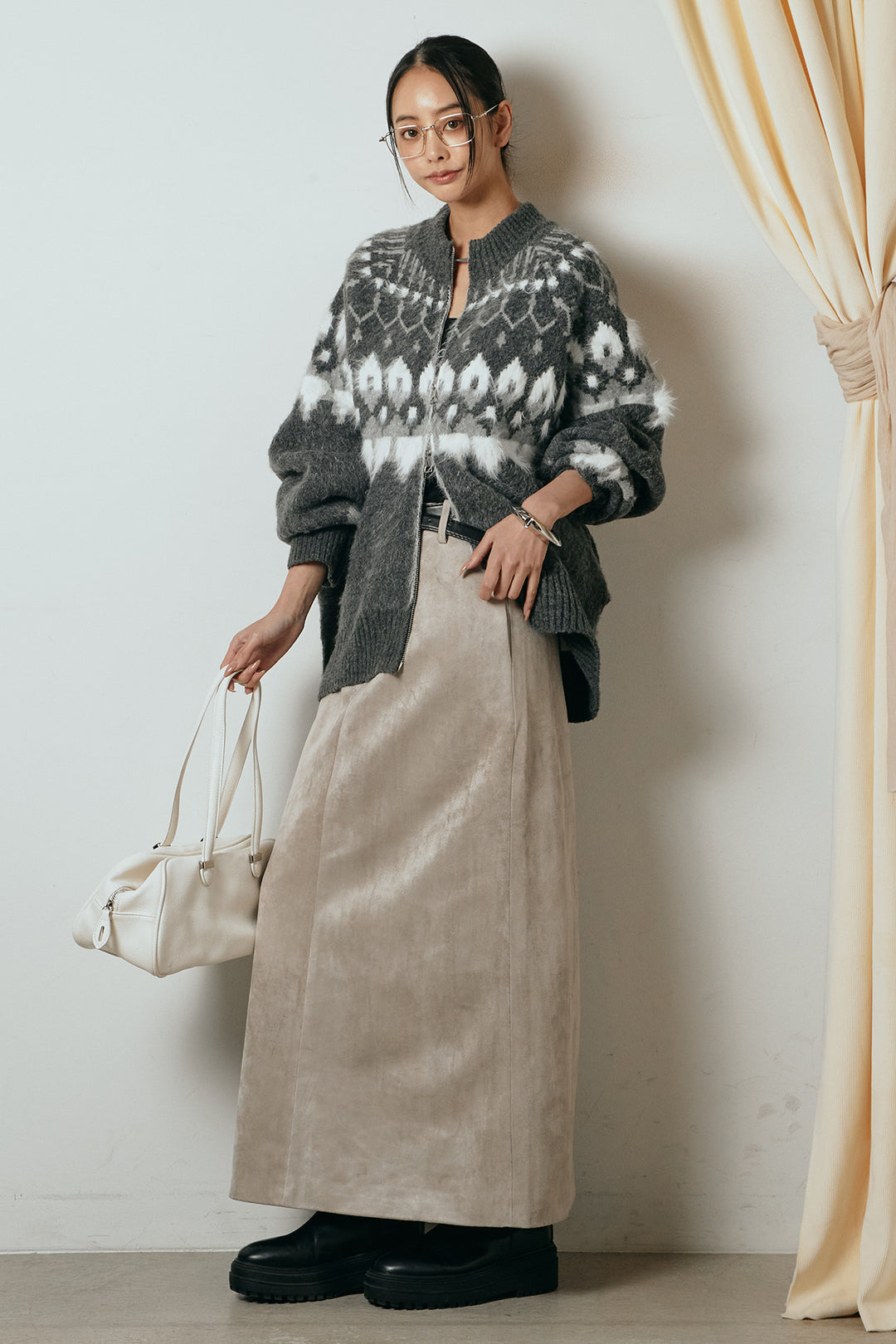 [SET]起毛ダブルジップパターンニットカーディガン+エコスウェードワイドスカート(2set)