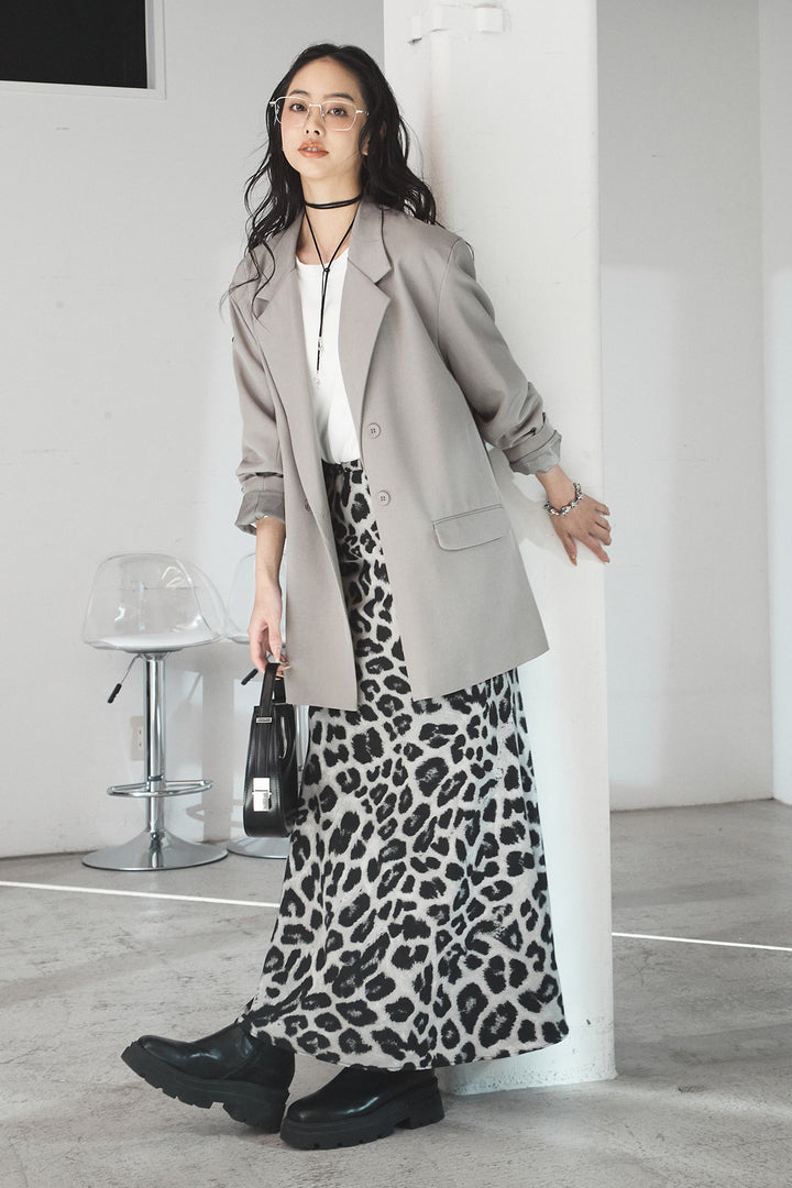 [SET]ルーズシルエットダブルテーラードジャケット+ストレッチロングTシャツ+レオパードサテンナロースカート(3set)