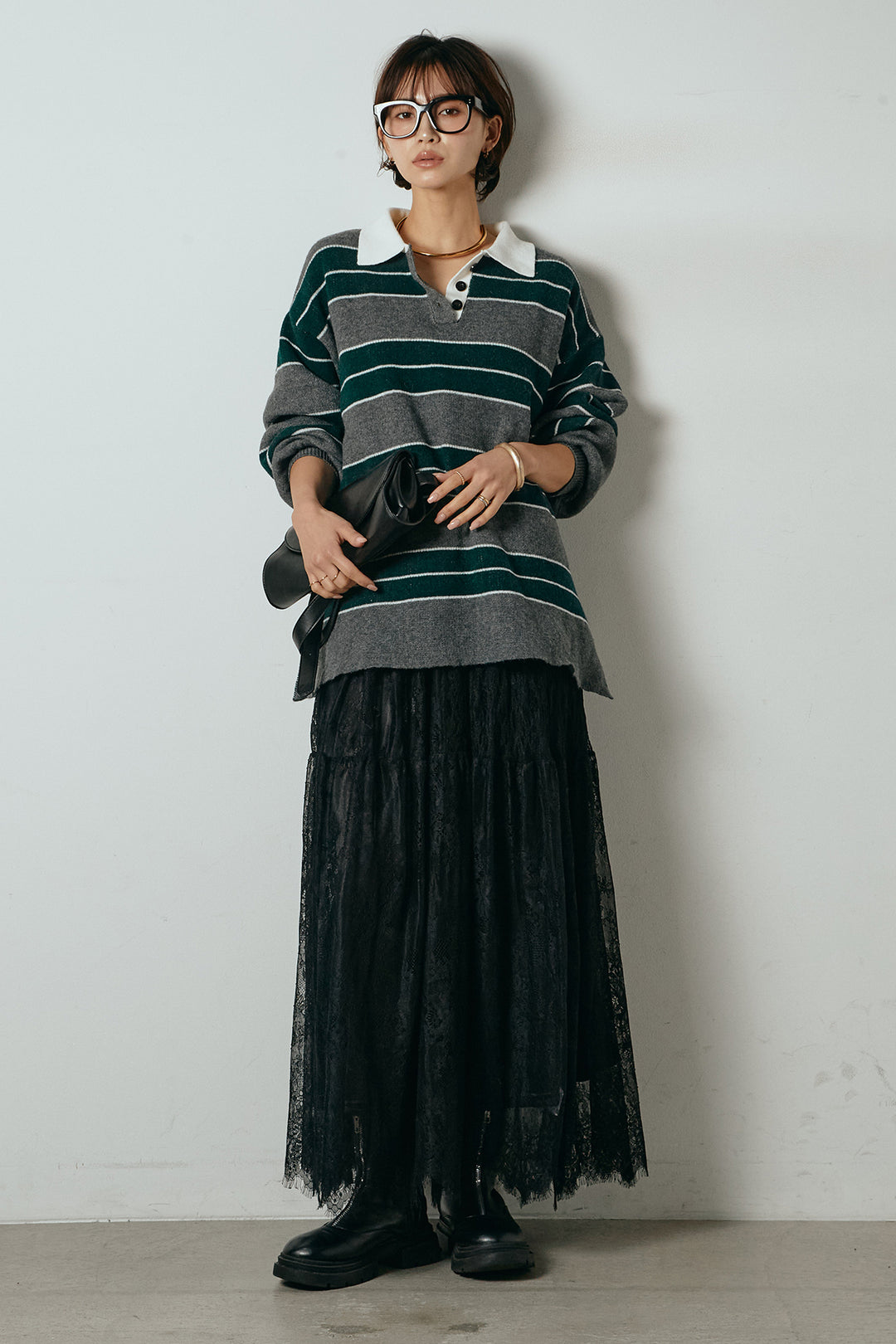 [SET]ラガーニットボーダーポロプルオーバー+ひげレース切替ロング丈スカート(2set)