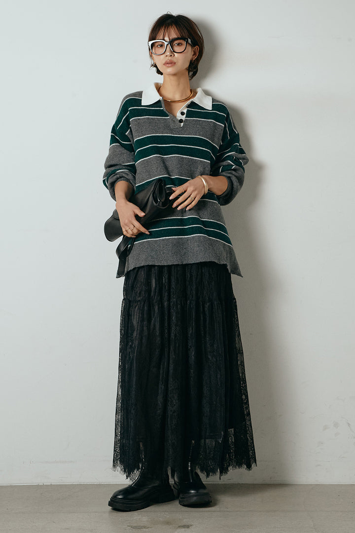 [SET]ラガーニットボーダーポロプルオーバー+ひげレース切替ロング丈スカート(2set)
