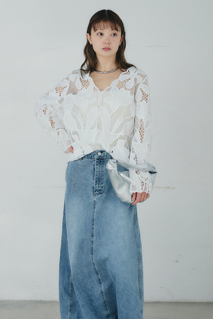 [SET]フラワー刺繍レースブラウス+デニムロングフレアスカート(2set)