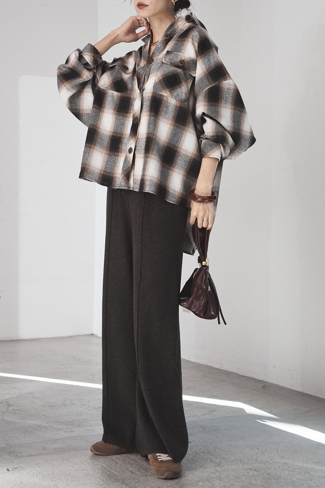 [SET]オンブレーチェックビッグシルエットCPOシャツ+センターラインニットパンツ(2set)