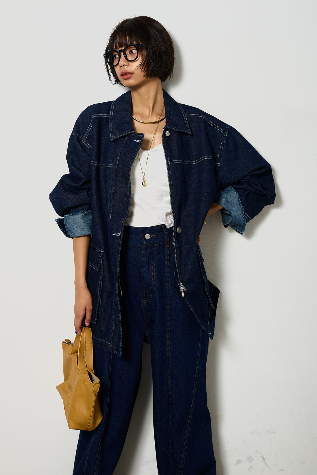 【即納】ステッチデザインデニムジップジャケット