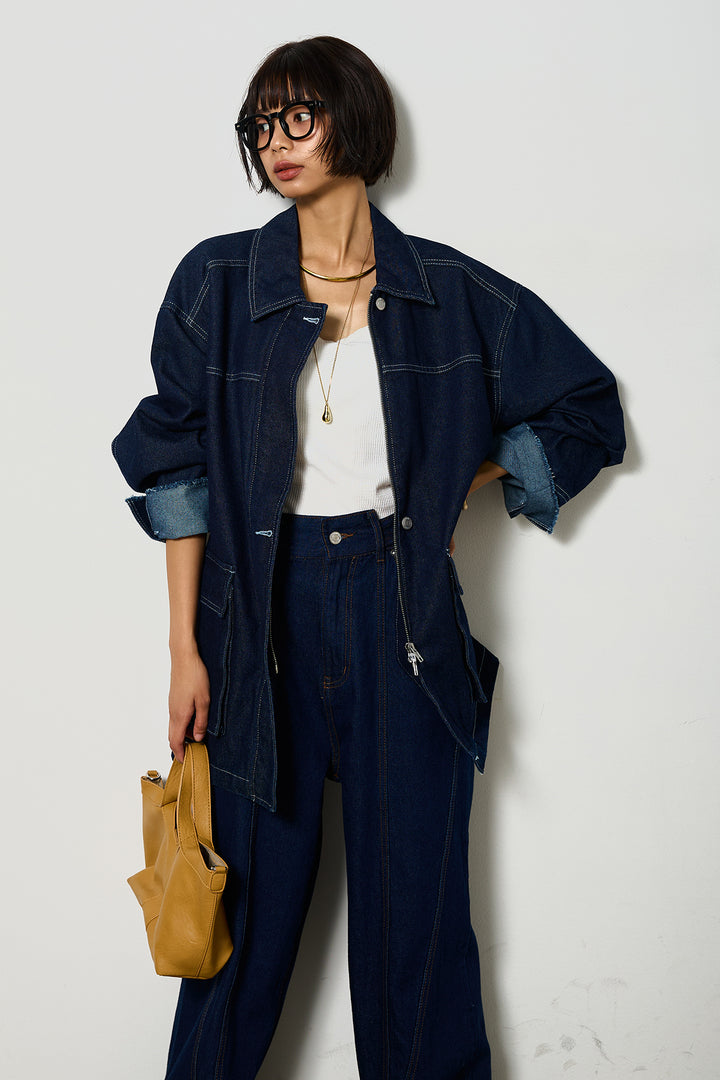 【即納】ステッチデザインデニムジップジャケット