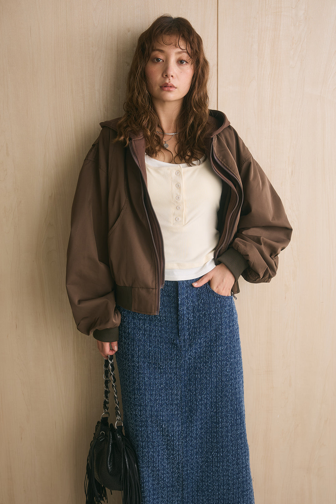 [SET]フード付きMA1 +配色ヘンリーネックタンクトップ+ドットダメージデニムスカート(3set)