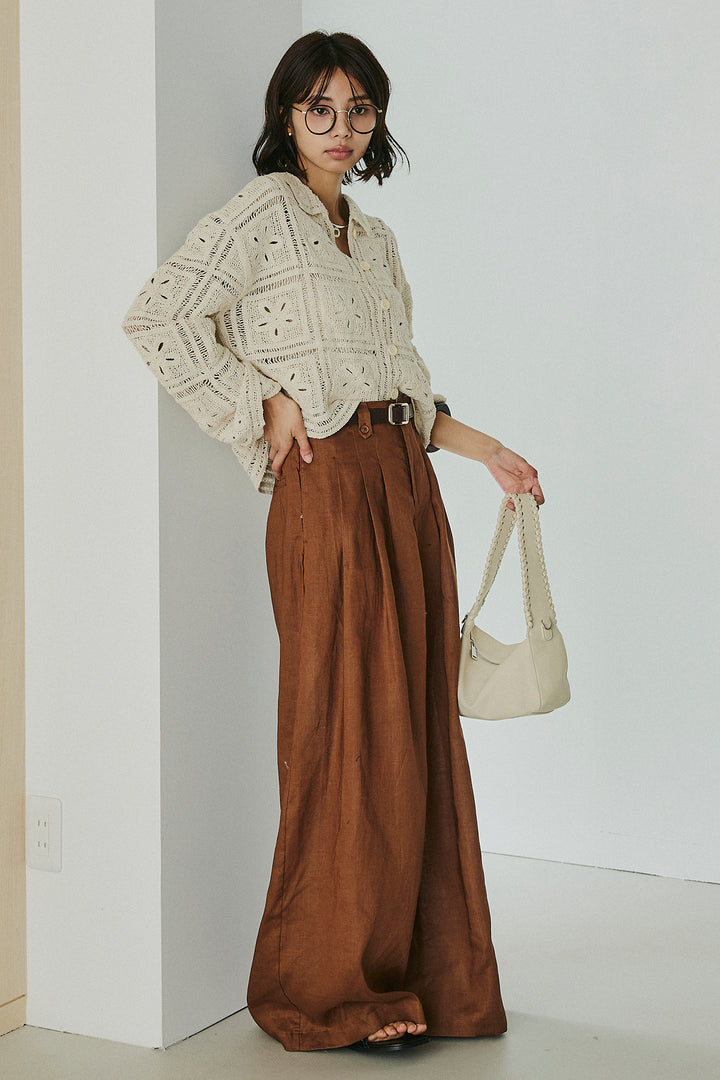 [SET]鍵編みフラワーレースカーディガン+タック入りワイドパンツ(2set)