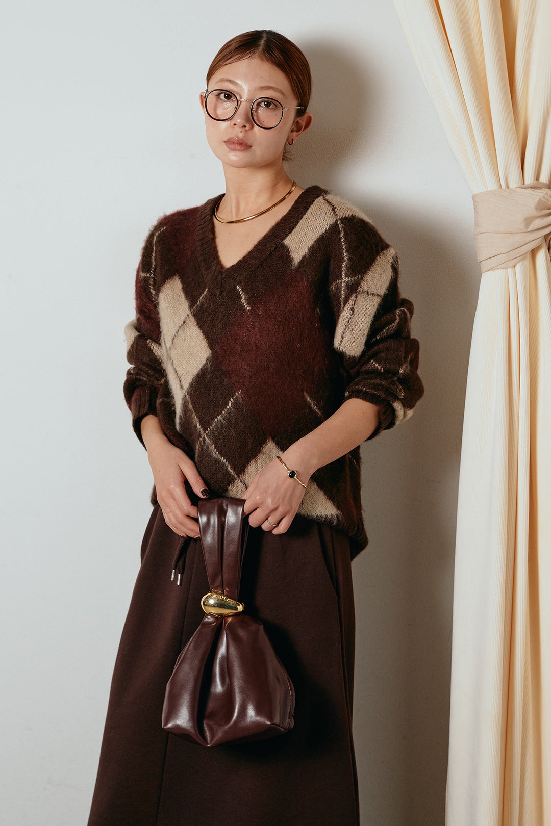 [SET]アクリルモヘアアーガイルVネックプルオーバー+裏起毛スウェットロングマキシスカート(2set)