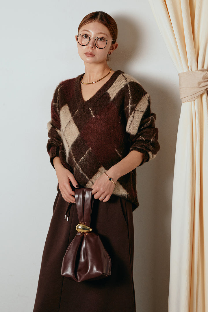 [SET]アクリルモヘアアーガイルVネックプルオーバー+裏起毛スウェットロングマキシスカート(2set)