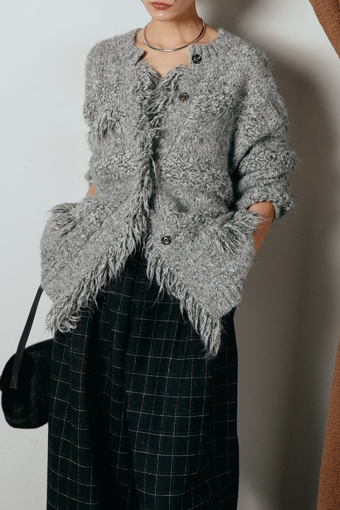 [SET]フリンジニットカーディガン+ウールライクチェックタックパンツ(2set)