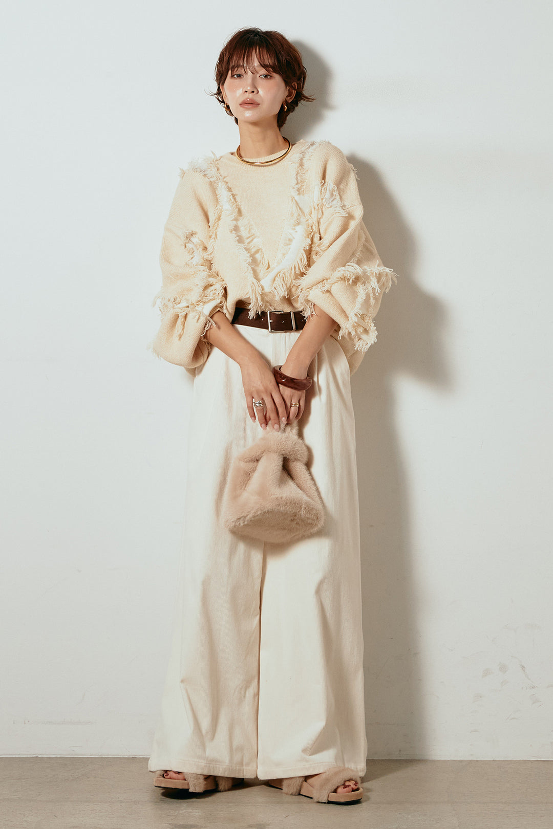 [SET]シャギージャガードニットトップス+太ベルト付きコーデュロイタックパンツ(2set)