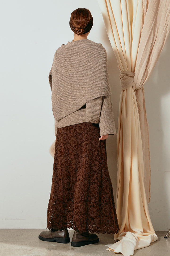 [SET]ケープデザインリブニットトップス+花柄刺繍ベロアフレアスカート(2set)