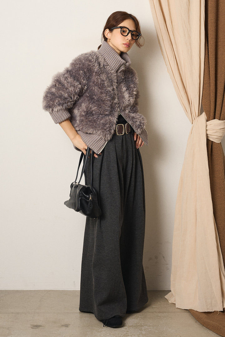 [SET]ハイネックボアブルゾン+フェイクレザー太ベルト付きタックワイドパンツ(2set)