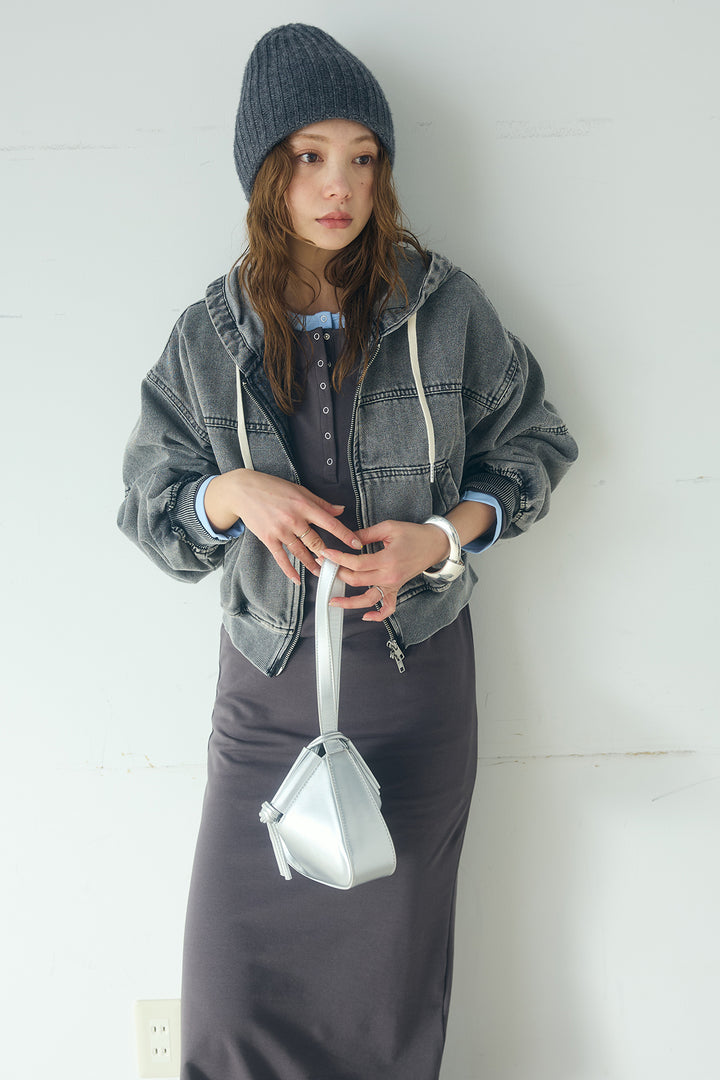 [SET]デニムダブルジップパーカーブルゾン+レイヤード見えヘンリーネックロングワンピース(2set)