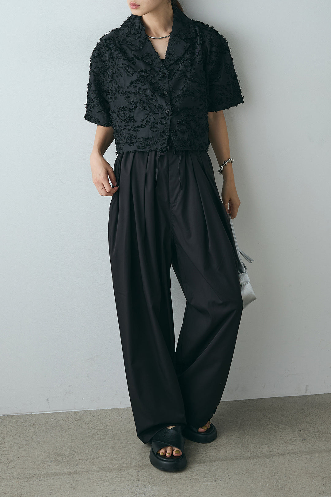 [SET]半袖オープンカラージャガード柄シャツ+タックワイドリラックスパンツ(2set)