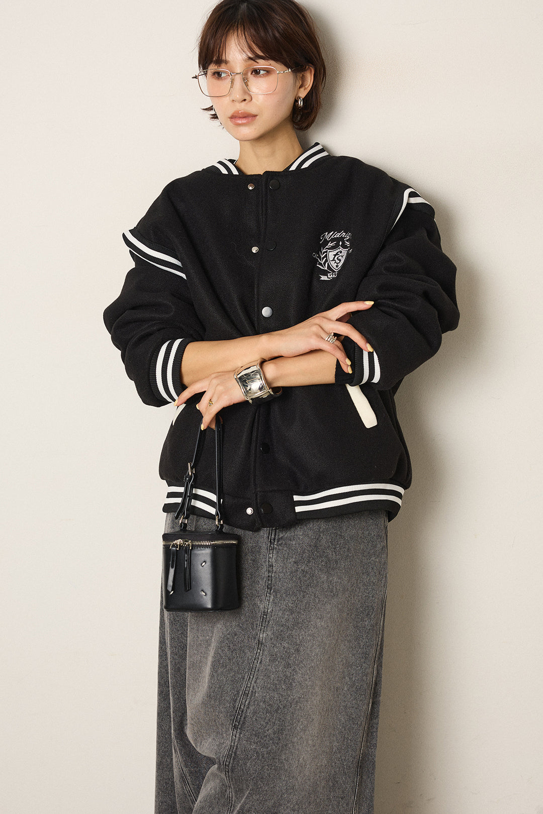 [SET]ワンポイントデザインブルゾン+デニムロングフレアスカート(2set)