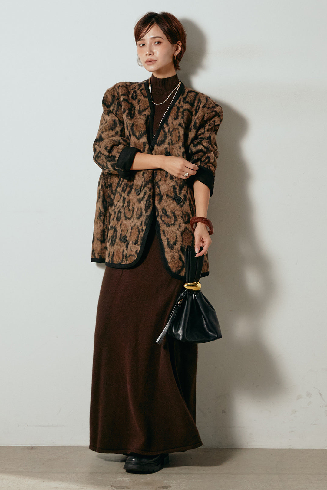 [SET]ノーカラーレオパード柄アウター+ノースリーブニットロングワンピース(2set)
