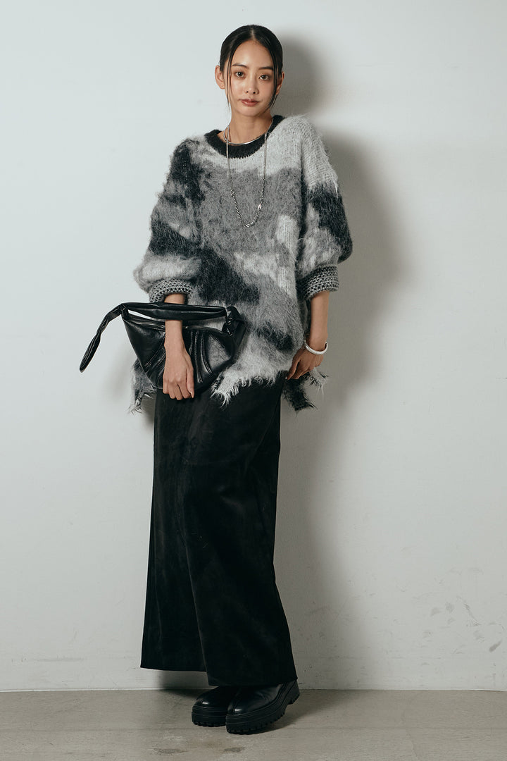 [SET]起毛裾デザインニュアンス柄ニットトップス+エコスウェードワイドスカート(2set)