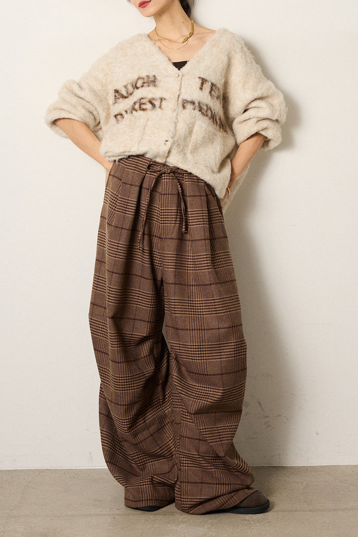 [SET]ウール混透かしロゴニットカーディガン+グレンチェックルーズタックパンツ(2set)