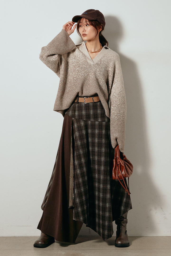 [SET]グラデーションラメニットキーネックプルオーバー+フェイクレザーベルト付き切り替えタータンチェックスカート(2set)
