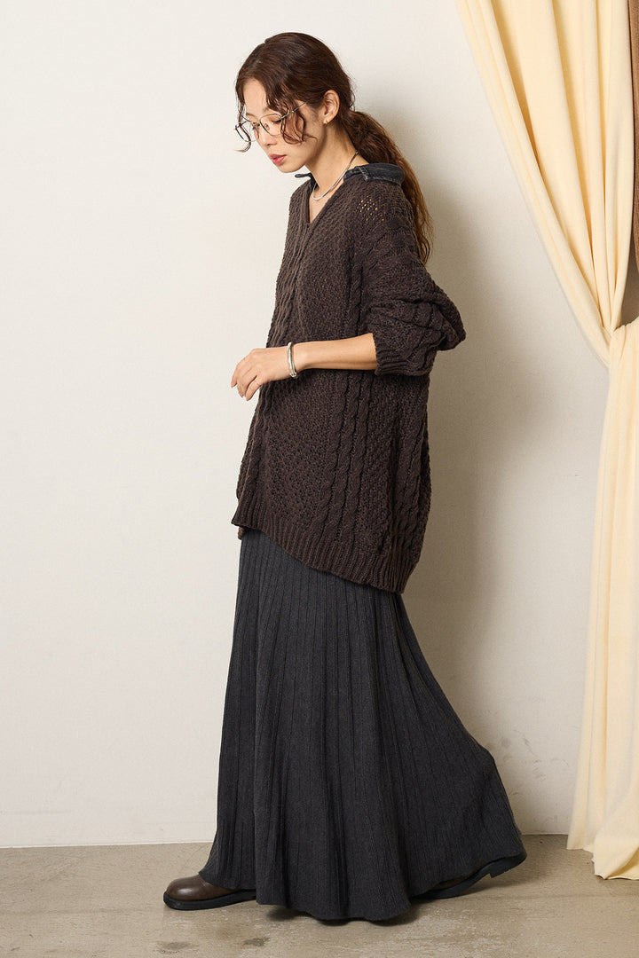 [SET]デニムカラーケーブルオーバーニット+編み地切り替えフレアニットスカート(2set)