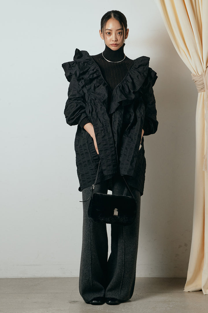 [SET]Vネックフリルカラーブラウス+センターラインニットパンツ(2set)