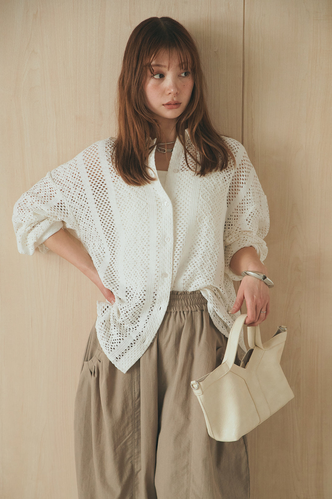 [SET]長袖襟付きレースシャツ+ポケットタックフォルムパンツ(2set)