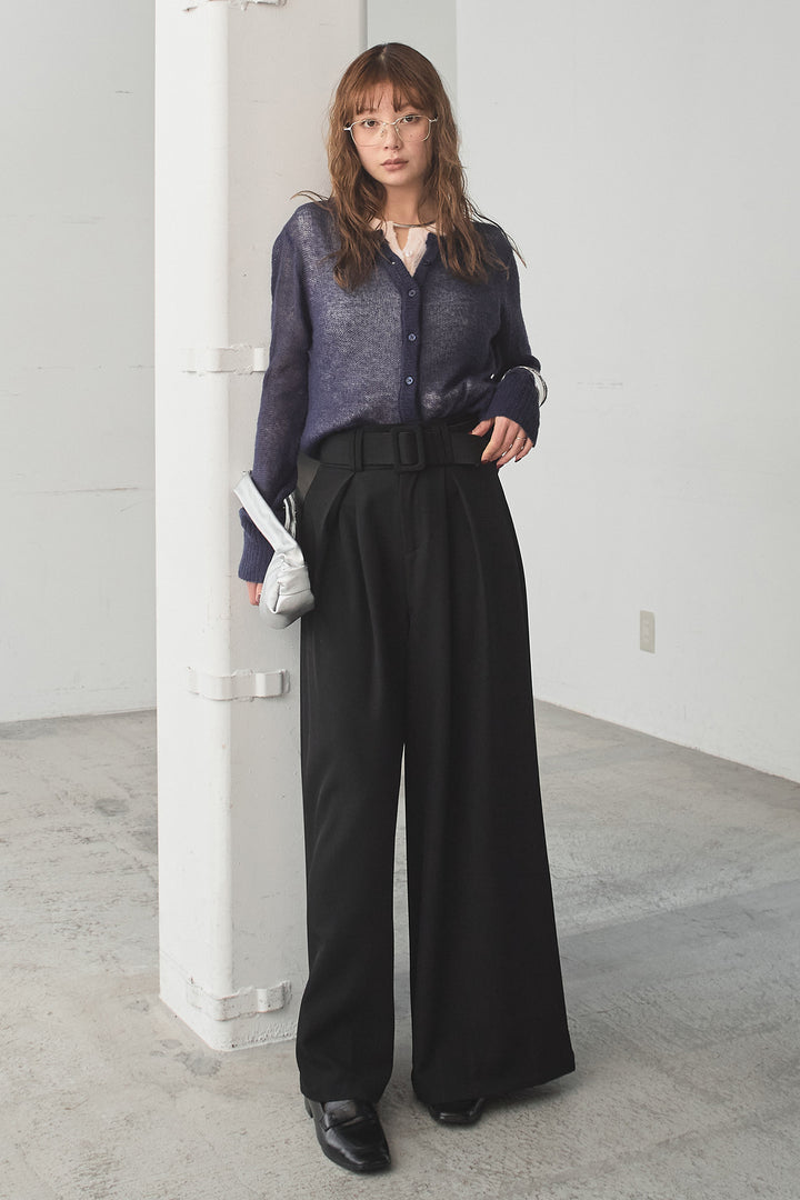 [SET]モヘア透かし編みレイヤードアンサンブルセット+ベルト付きツータックワイドパンツ(2set)
