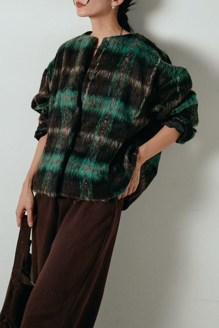 [SET]ノーカラーシャギーチェックアウター+裏起毛スウェットワイドパンツ(2set)