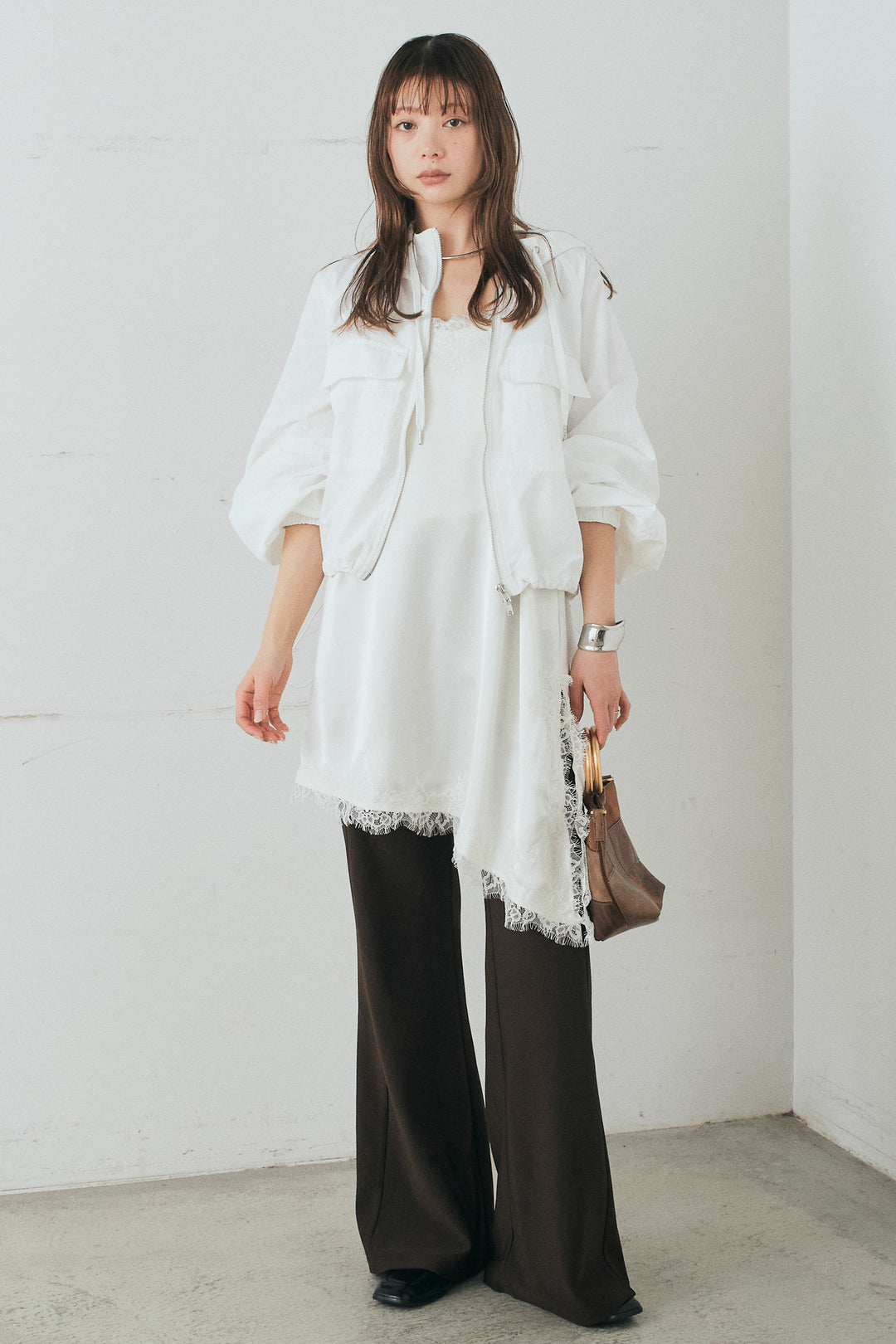 [SET]ナイロンボリュームWジップパーカーブルゾン+サテンレースアシメキャミ(2set)