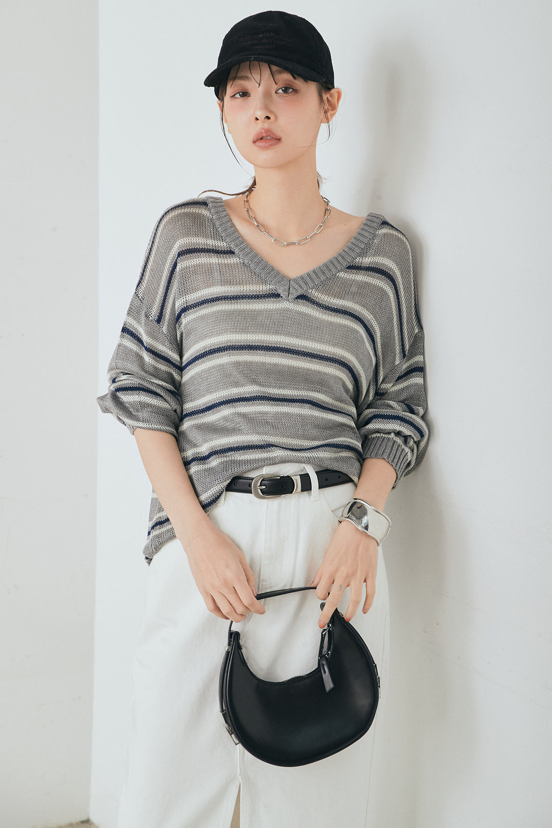 [SET]綿タッチVネックボーダートップス+裾レースデザインデニムスカート(2set)