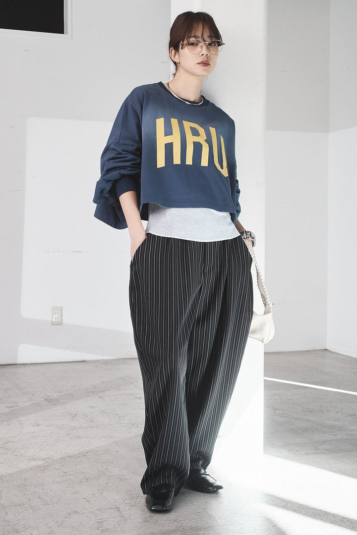 [SET]ビッグロゴHRU袖ボリュームトップス+ヘリンボーンストライプツータックパンツ(2set)