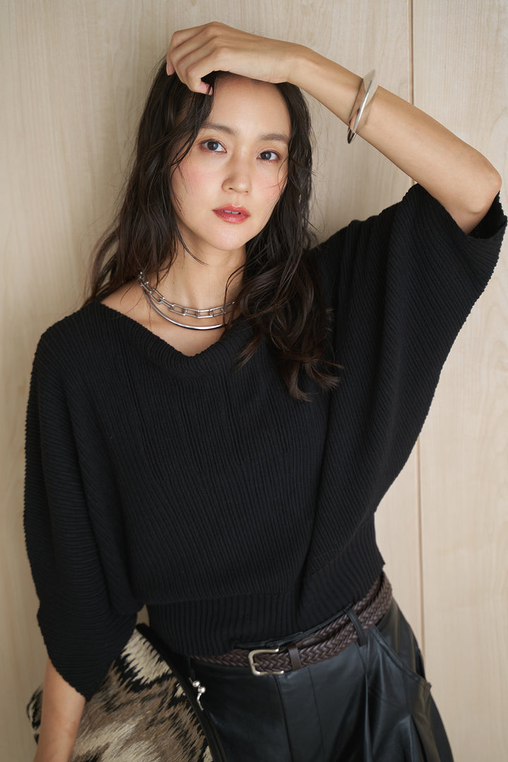 [SET]ドルマンスリーブクロップドリブニット+レザーライクタックワイドパンツ(2set)