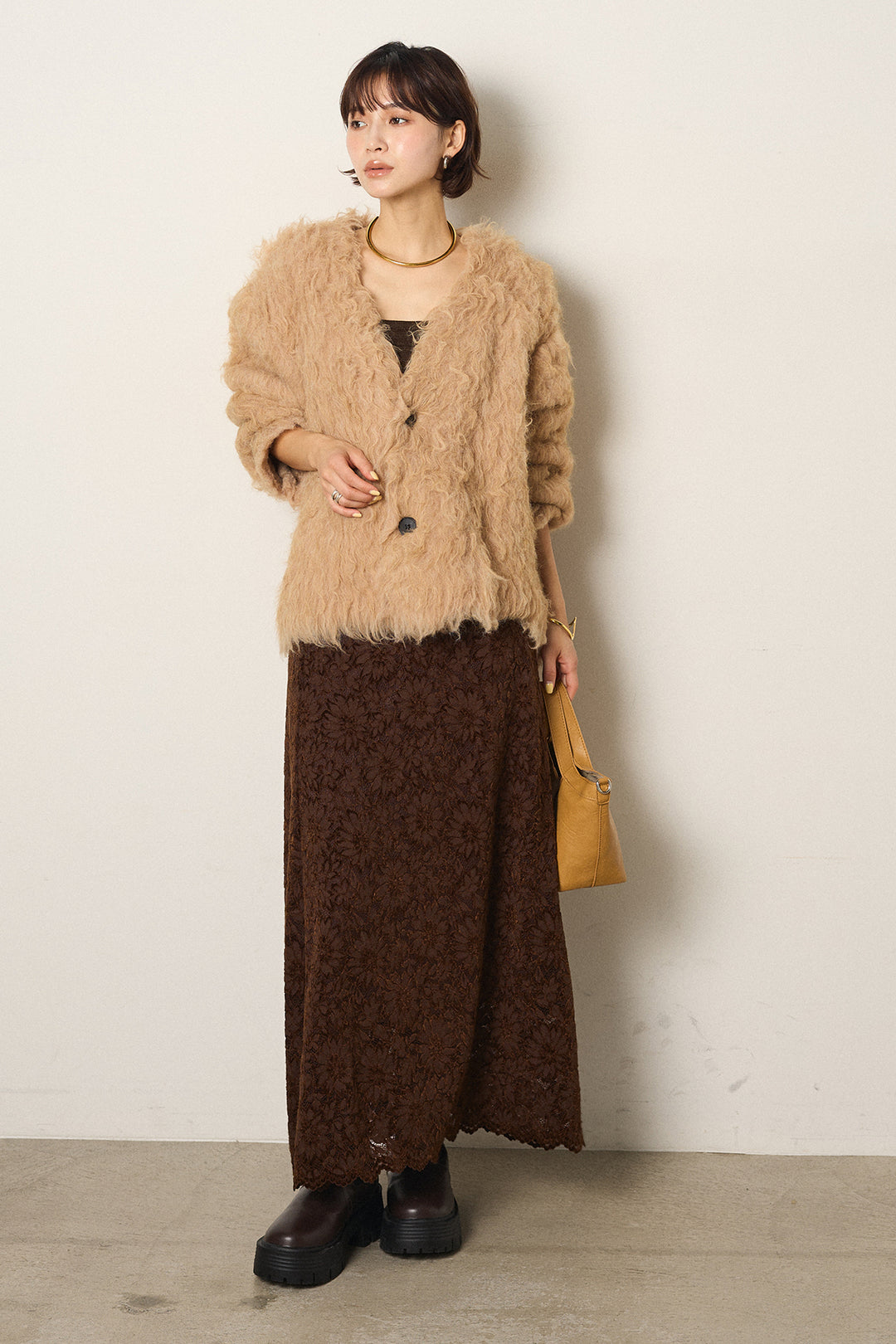 [SET]起毛シャギーニットカーディガン+花柄刺繍ベロアフレアスカート(2set)