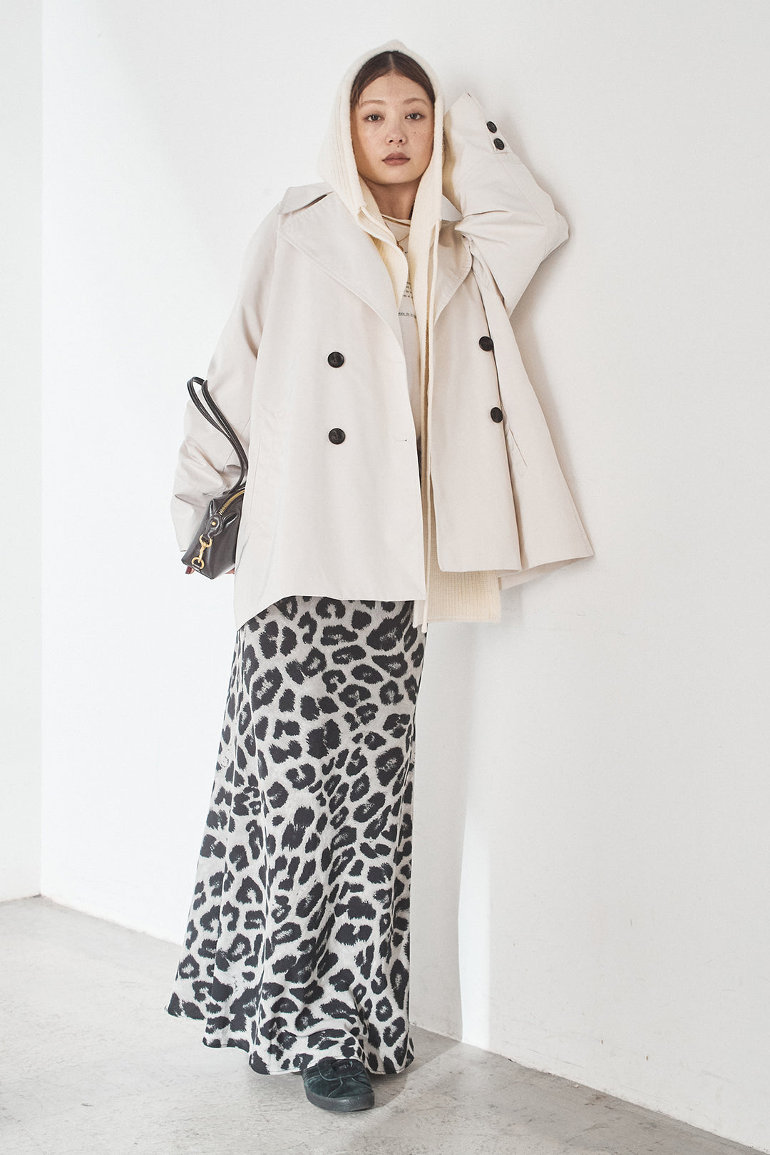 [SET]ナイロントレンチコート+レオパードサテンナロースカート(2set)