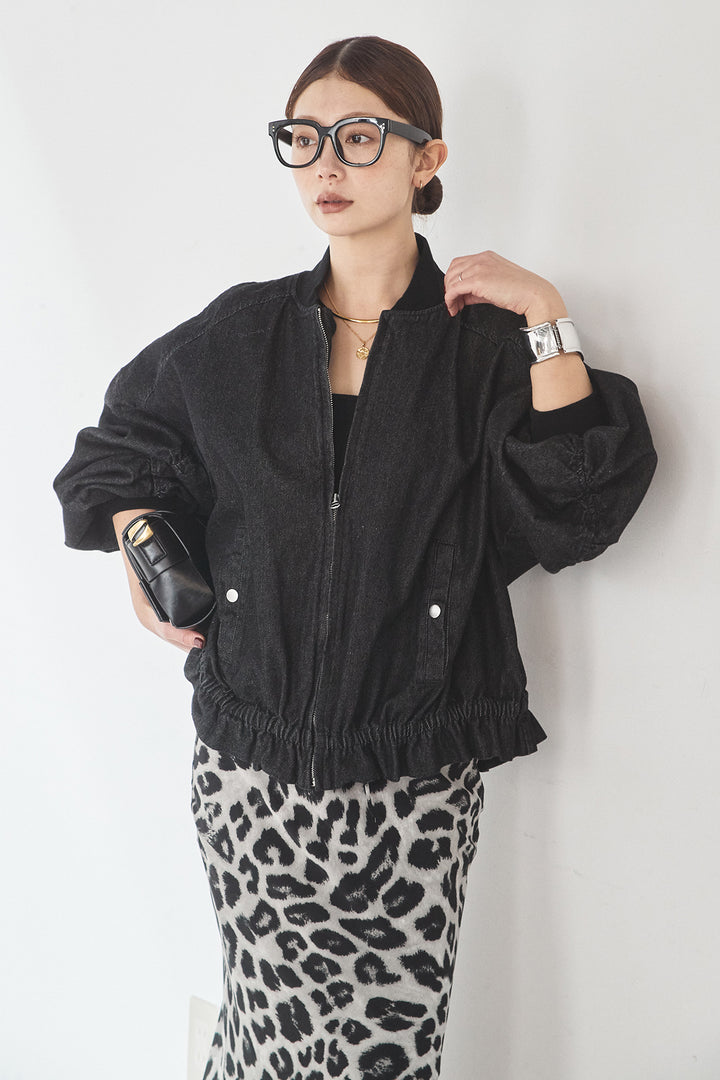 [SET]袖シャーリング裾フリルデニムブルゾン+レオパードサテンナロースカート(2set)