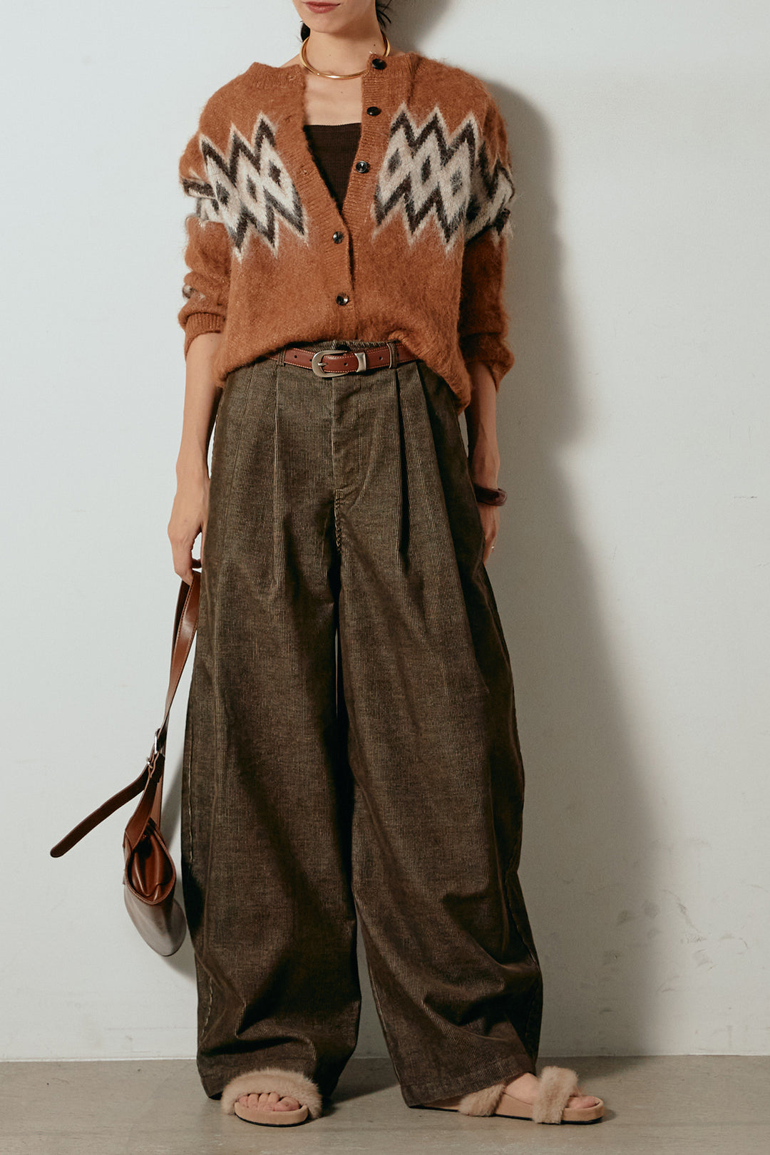 [SET]起毛ノルディック柄ニットカーディガン+フロントタック入りコーデュロイパンツ(2set)