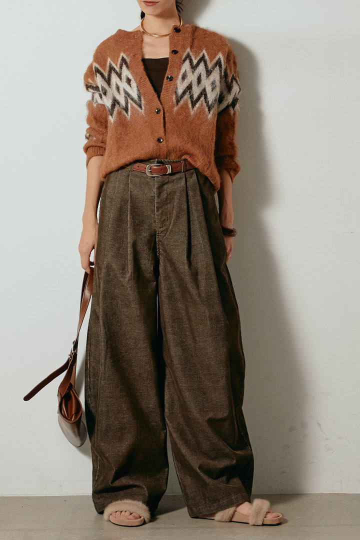 [SET]起毛ノルディック柄ニットカーディガン+フロントタック入りコーデュロイパンツ(2set)