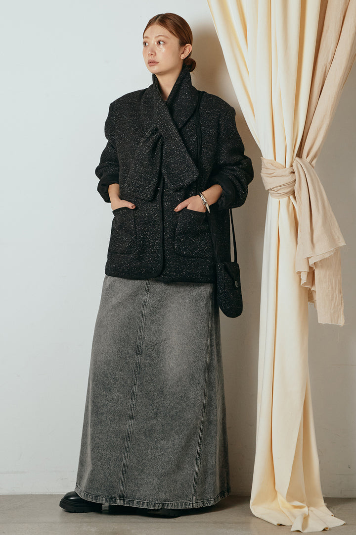 [SET]ノーカラーマフラーバッグ付きアウター+デニムロングフレアスカート(2set)