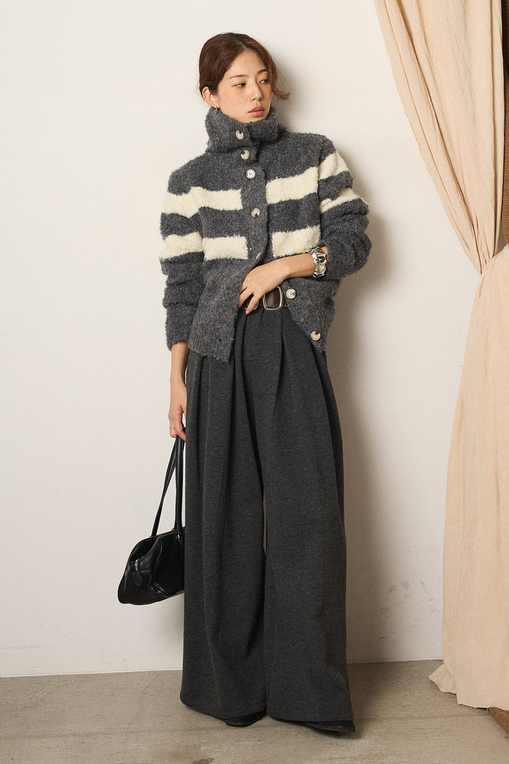 [SET]ハイネックボーダーニットカーディガン+フェイクレザー太ベルト付きタックワイドパンツ(2set)
