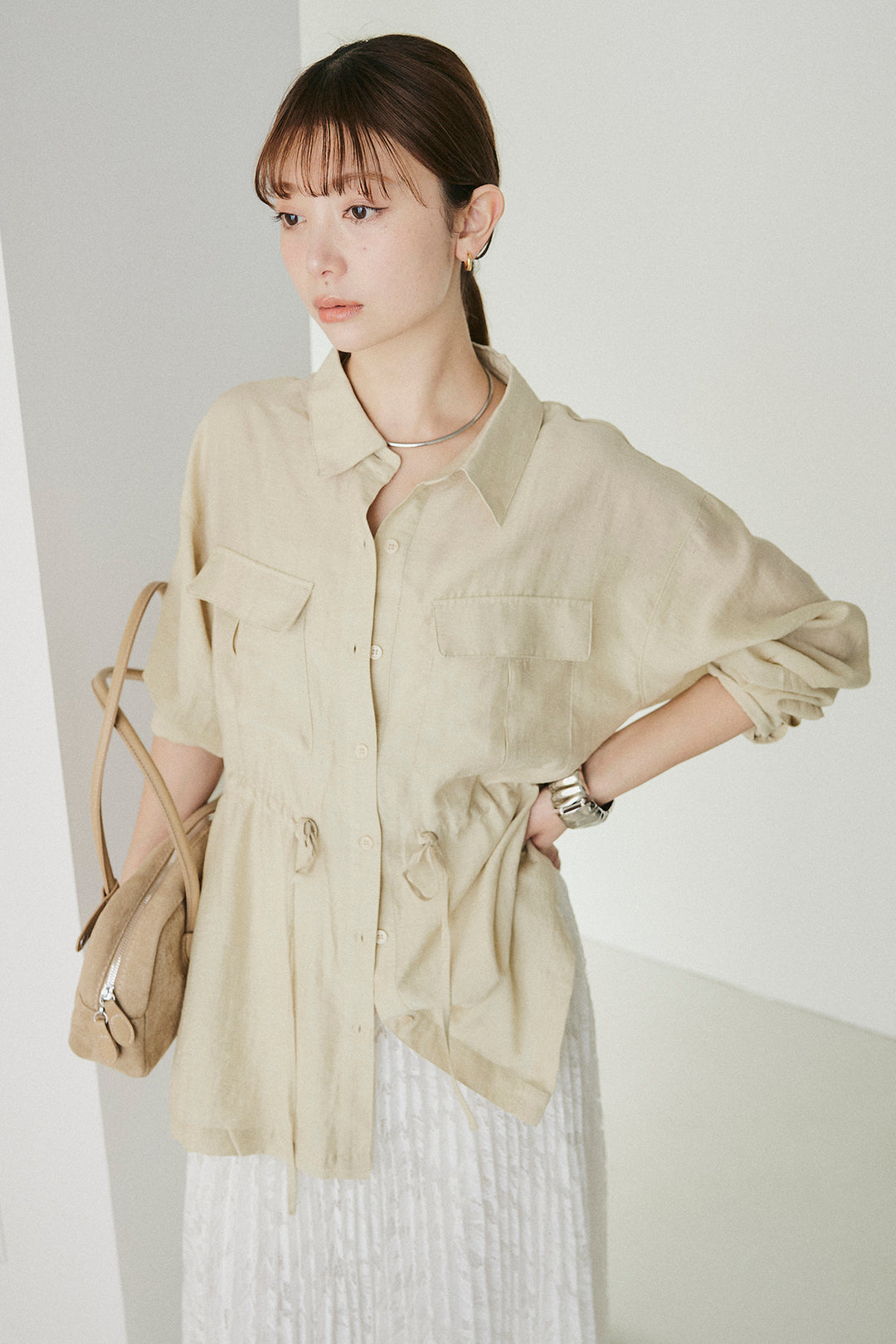 [SET]リネンブレンドシアーサファリシャツ+リラックスプリーツスカート(2set)