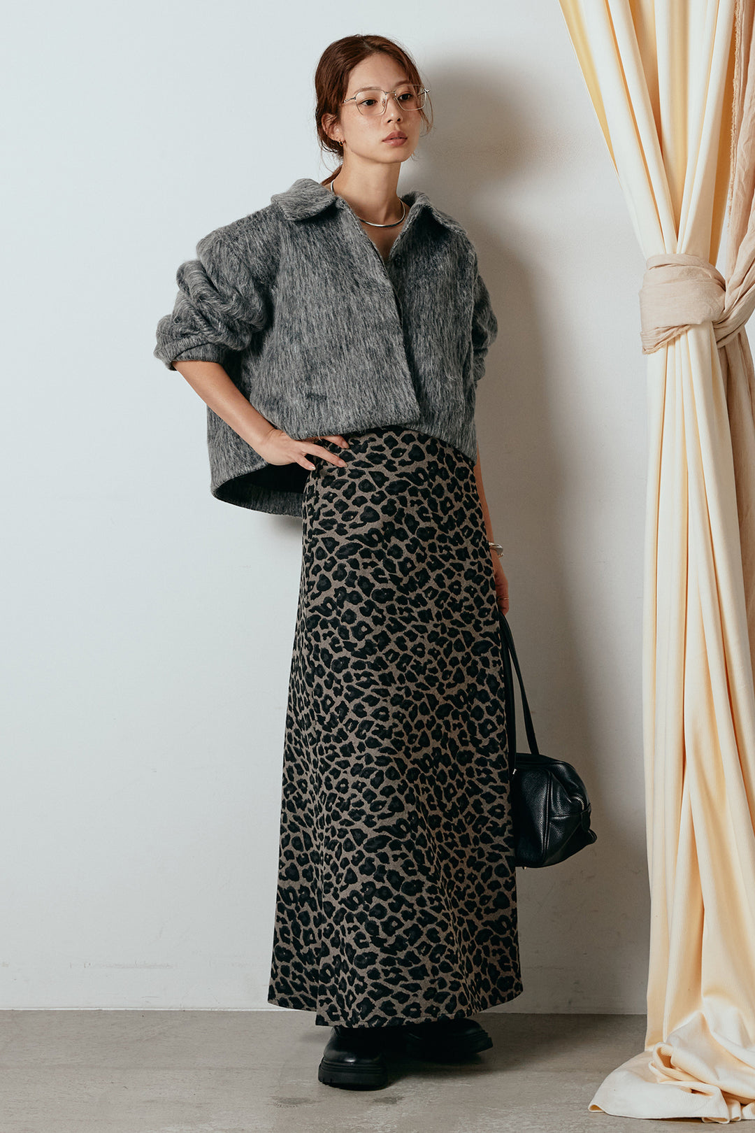[SET]シャギーショートジャケット+レオパードロングスカート(2set)