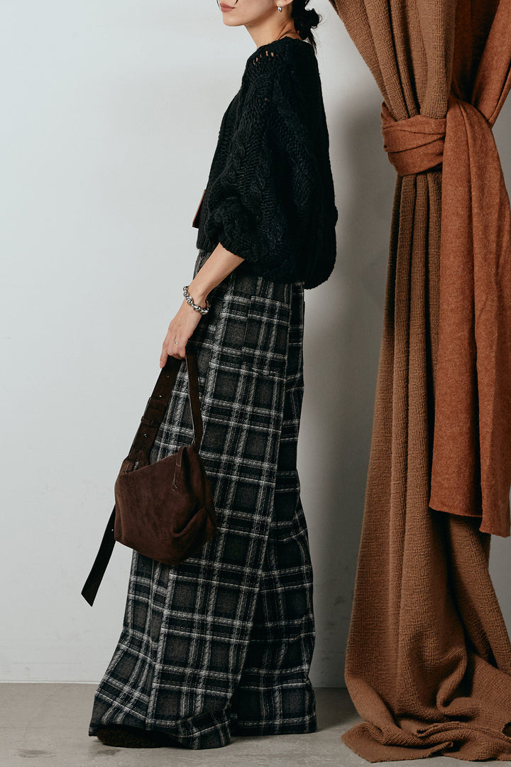 [SET]ロービングケーブルショート丈プルオーバー+ルーズタータンチェックワイドパンツ(2set)