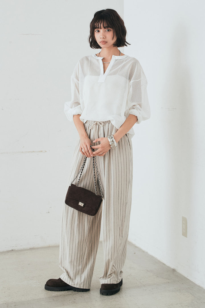 [SET]メッシュカットソースキッパープルオーバー+リネンライクストライプタックイージーパンツ(2set)