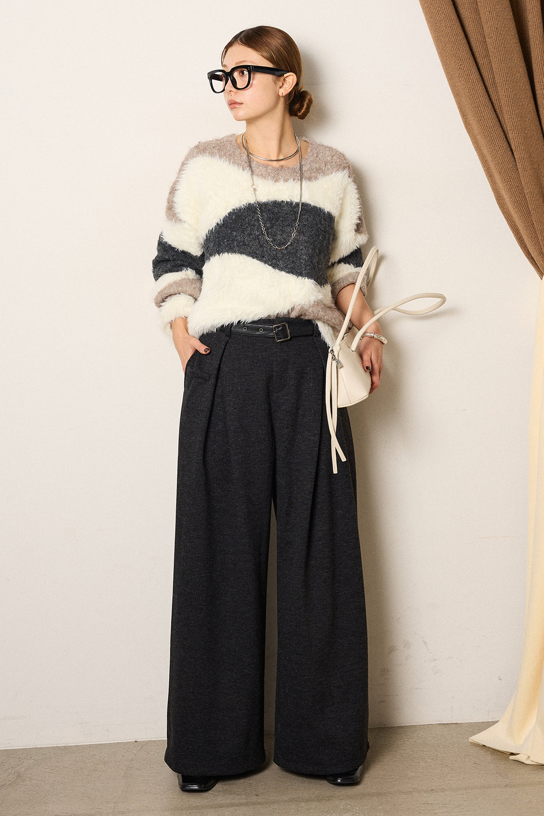 [SET]シャギーウェーブ柄クルーネックニットトップス+細ベルト付き起毛タックワイドパンツ(2set)