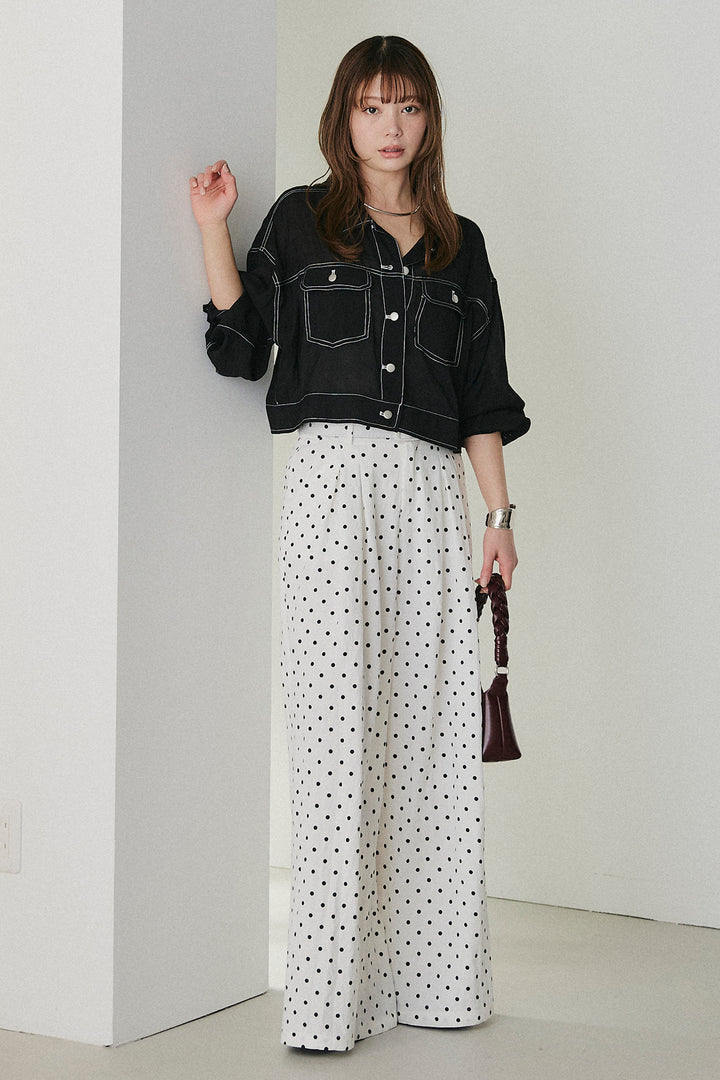 [SET]配色ステッチシアーシャツ+ベルト付きドット柄ワイドパンツ(2set)