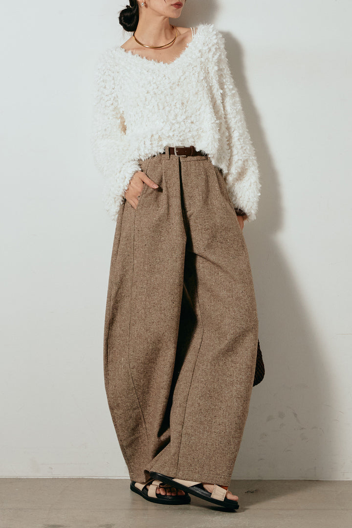 [SET]深Vネックチョウチョヤーンニットトップス+ベルト付きネップツイードカーブパンツ(2set)