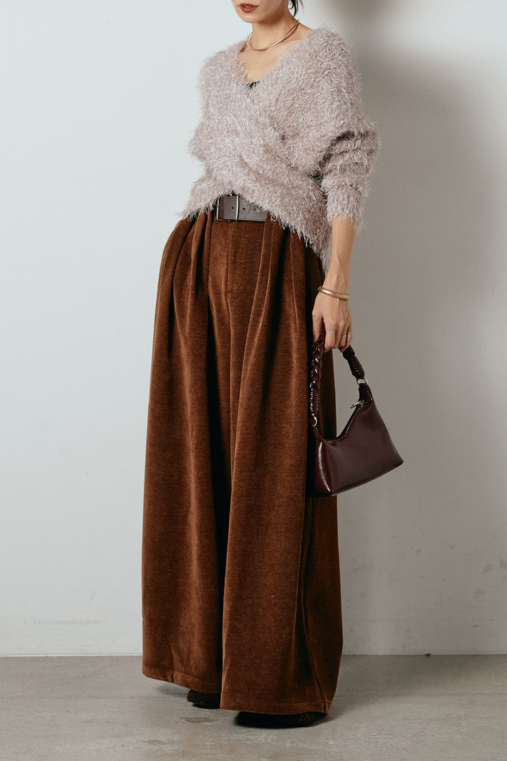 [SET]シャギークロスニットトップス+ベルトループコーデュロイワイドパンツ(2set)