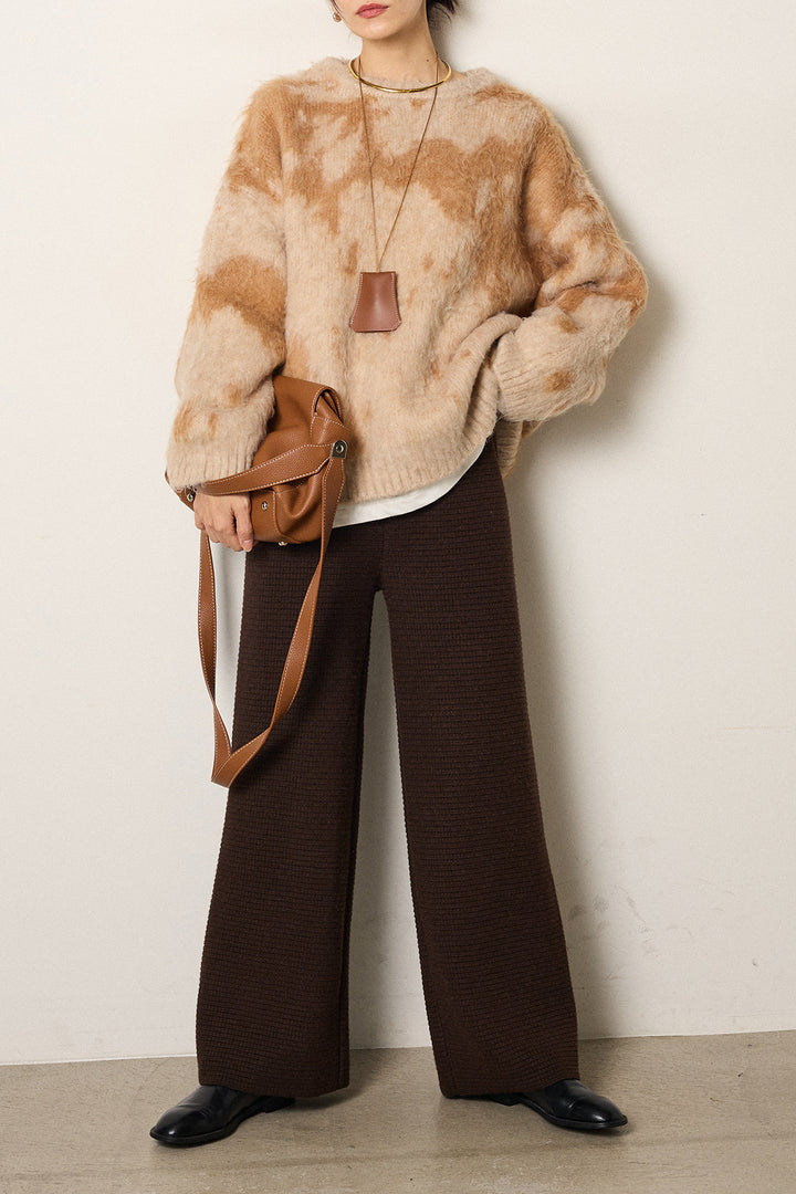 [SET]モヘアタッチマーブルニット+箔プリントBIGシルエットロングスリーブTシャツ+ワイドリブニットイージーパンツ(3set)