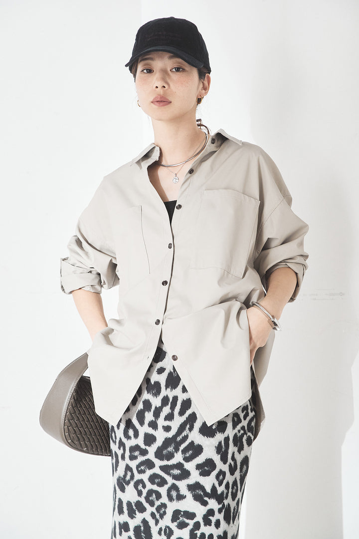 [SET]ウォッシャブルエコレザービックカフスシャツ+レオパードサテンナロースカート(2set)